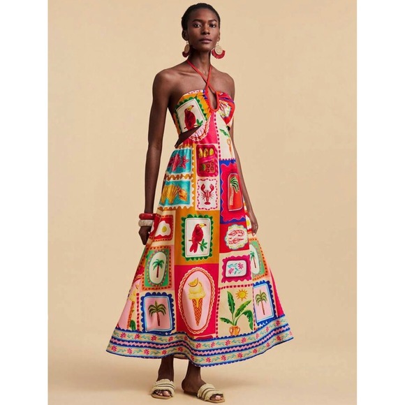 Dresses & Skirts - Tropical Stamp Halter Cutout Maxi Dress Multi Color Size L